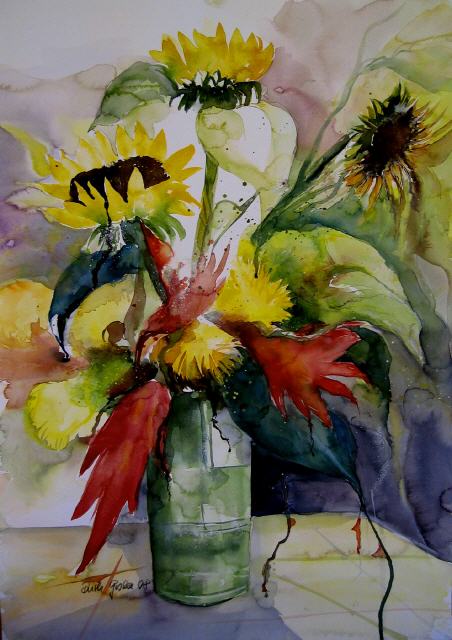 Sonnenblumen mit roten Bl&auml;ttern 100x70