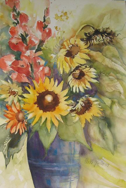 Sonnenblumen mit Gladiolen 80x60
